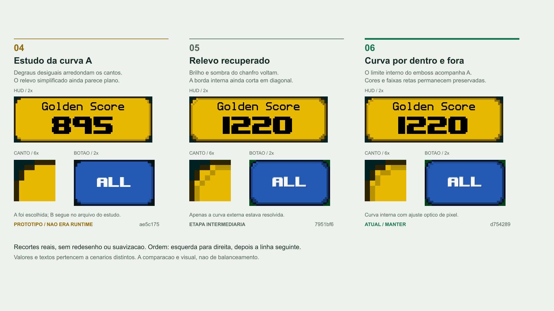 Etapas 4 a 6 dos contornos: curva com relevo simplificado, retorno do brilho e da sombra com interior diagonal e resultado com borda interna também curva.